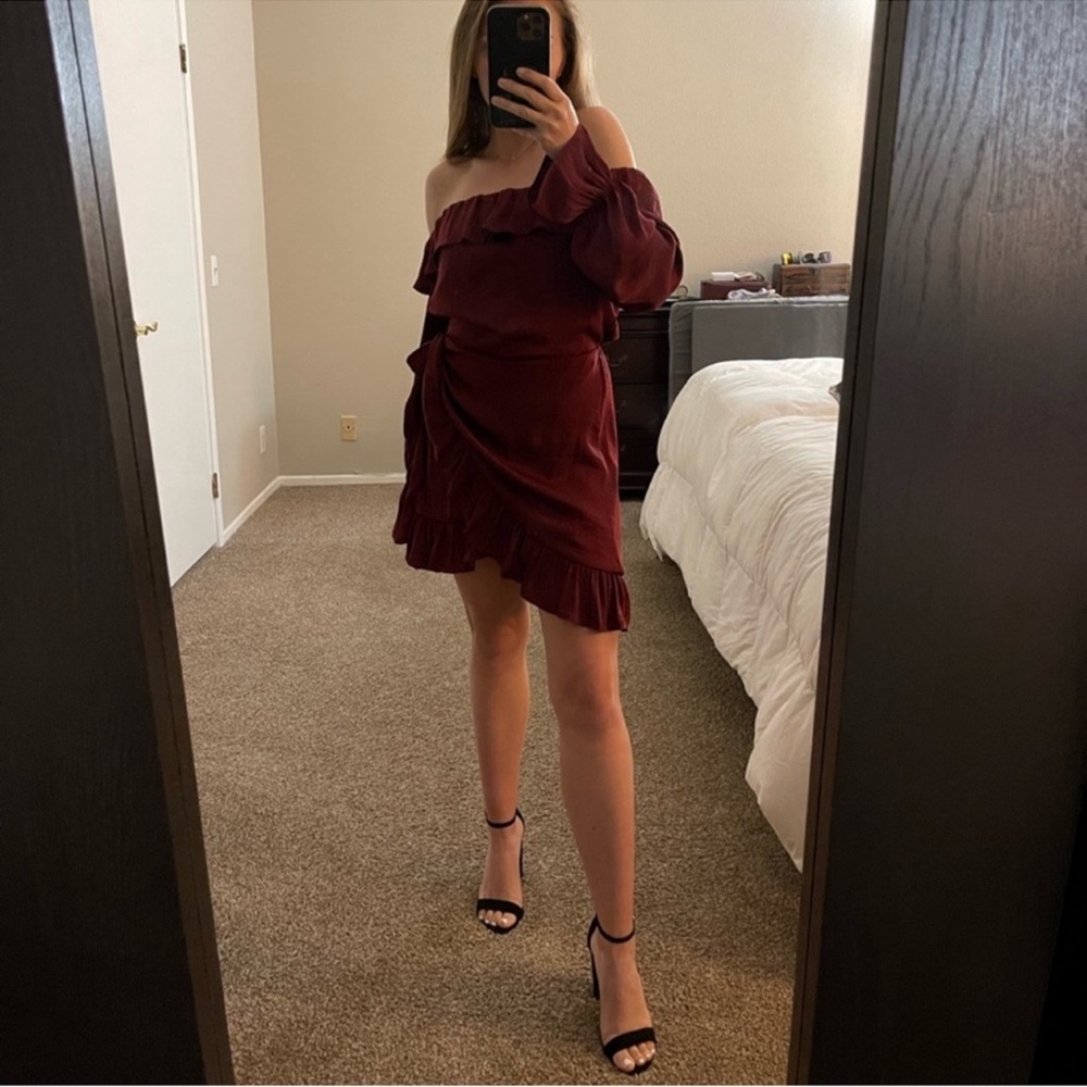 VICI Bisou Off The Shoulder Ruffle Party Dress Wine Red Burgundy